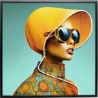Framed Picture LED Sun Hat Woman Yellow 80x80cm